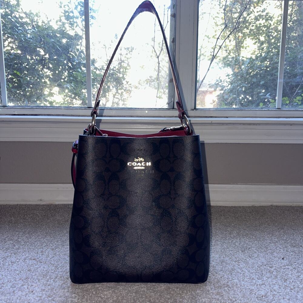 Coach Logo Bucket Bag w/2-Way Shoulder Straps in Dark Brow Brown/Black/Red